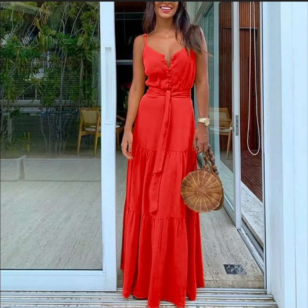 Buttoned, Spaghetti Strap, Ruffled, Maxidress - Picture 8 of 16